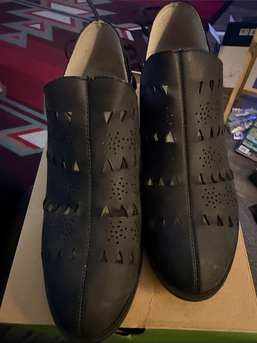 JBU Black Perforated Cutout Block Heel Mules